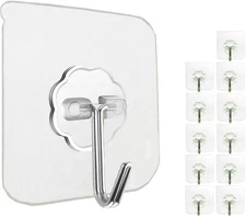 12 Pack Heavy Duty Self Adhesive Hooks - 33Lb Max, Transparent, Waterproof, Stic