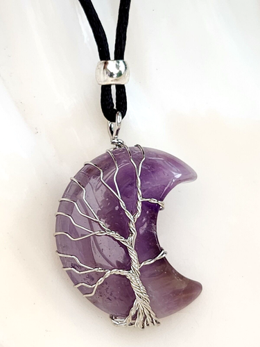 Tree of life Amethyst Moon Pendant Cord Necklace Crescent Wire Wrap Jewellery - Picture 16 of 23