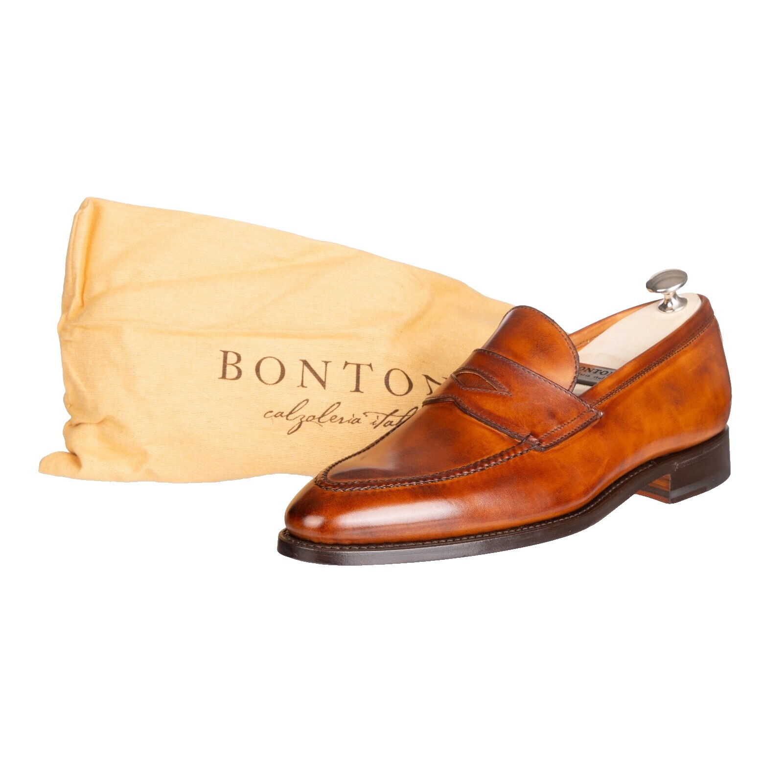 BONTONI Principe Cognac Leather Penny Loafer Shoes 8.5 (Original Price $1,125) Bontoni - Principe Chocolate Leather Penny Loafer main image 3