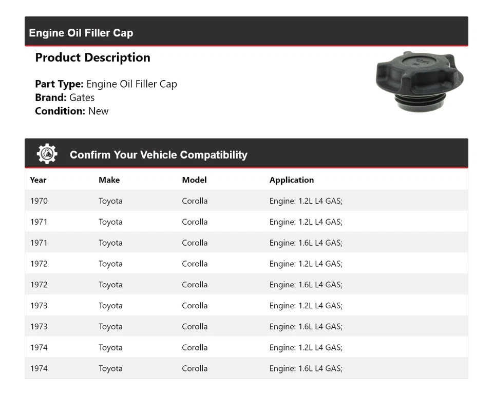 Tapa de llenado de aceite para motor Toyota Corolla 1970-1974 puertas 1971 1972 1973 Foto 2 de 4