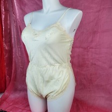 Vtg Barbizon Cream Silky Satin Lace Embroidered TEDDY Bodysuit Lingerie S