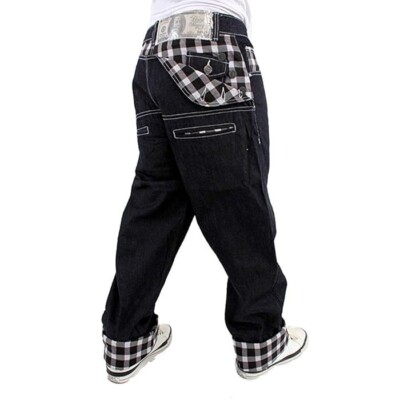 Dirty Money Denim Jeans, weiße Scottish Check Baggy Hose, Loose Fit Turn Up