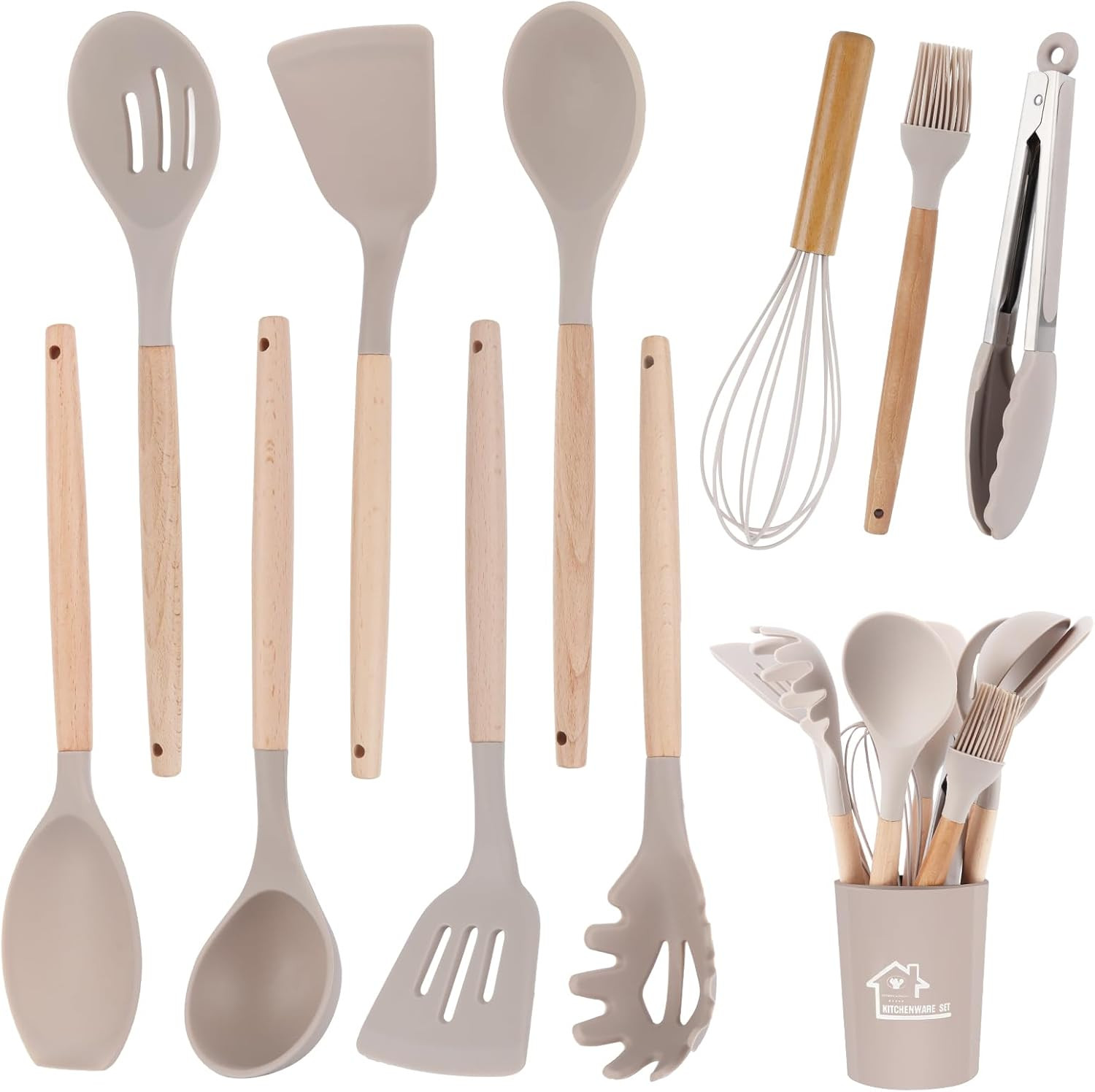 Kit 11 Utensili Cucina Minimalist Silicone Grigio e Legno Naturale