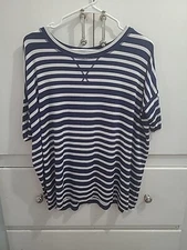 CAbi Women's Size S Blue White Sailing Striped Short Sleeve Oversized Blouse