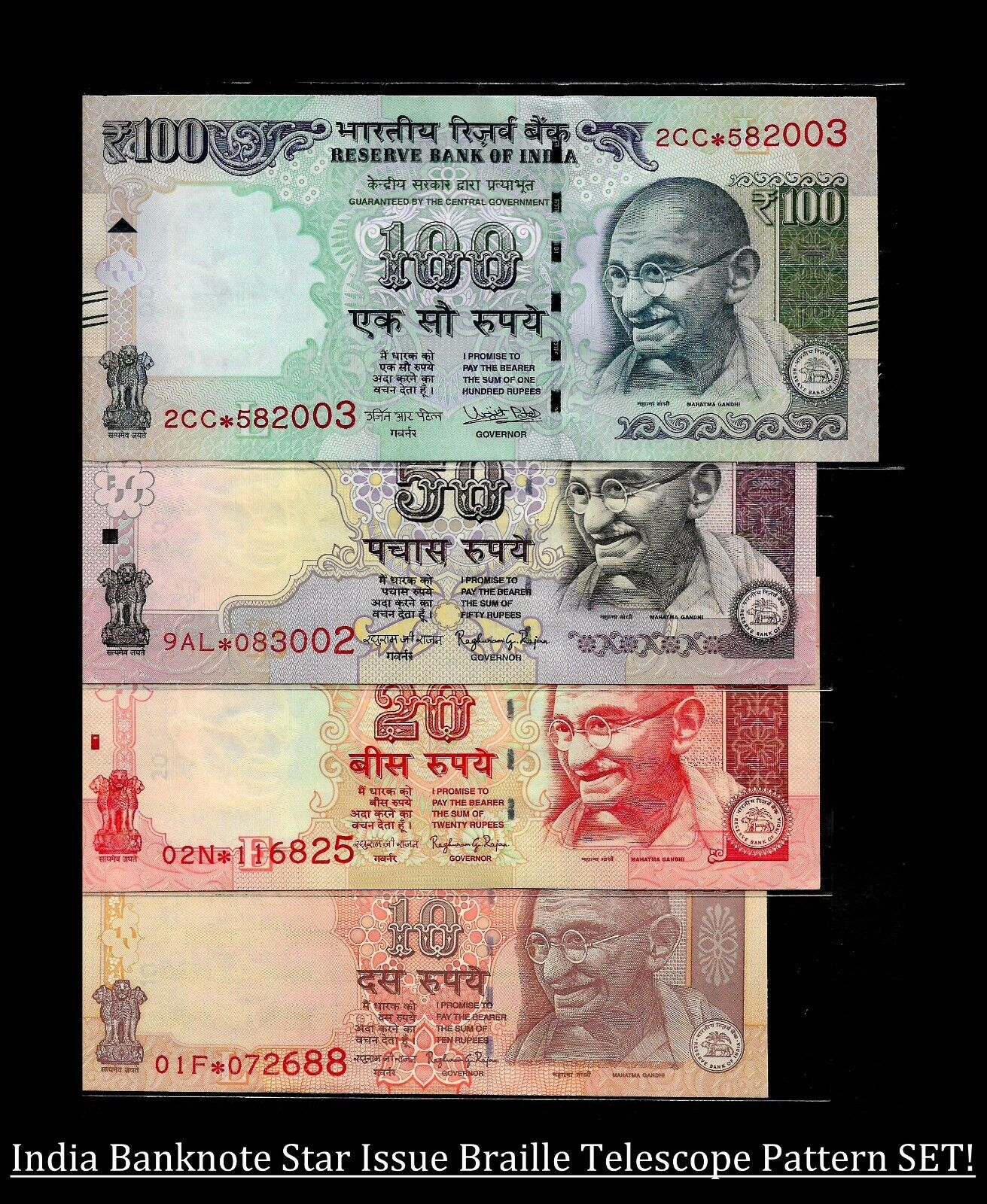Rs 10/- to 100/- India Banknote Braille Ltd Issue Star / Replace