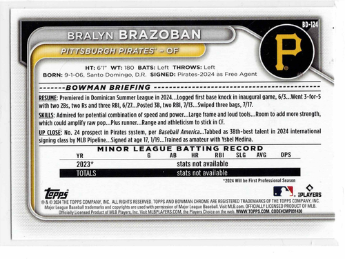 Draft Bowman Bralyn Brazoban Pittsburgh Pirates 2024 ** - Foto 2 di 2