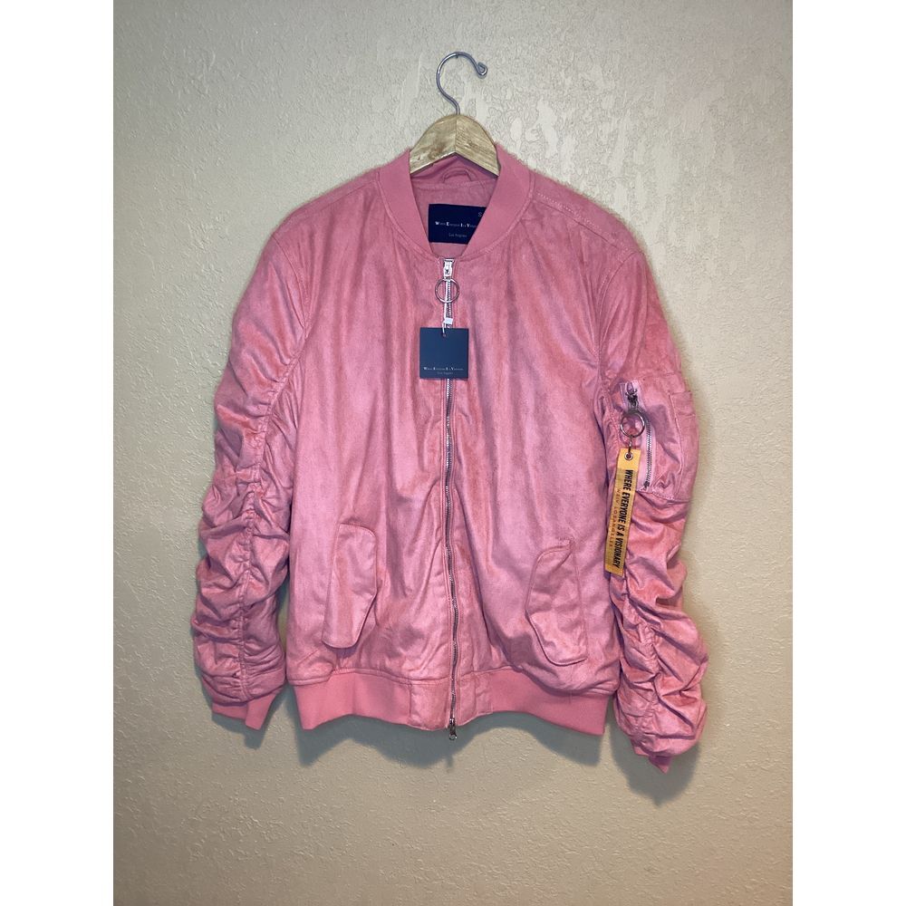 NUEVO CON ETIQUETAS WEIV Chaqueta Bomber de Gamuza Sintética, Rosa con Forro Naranja, Para Hombre Pequeña/Mujer Mediana