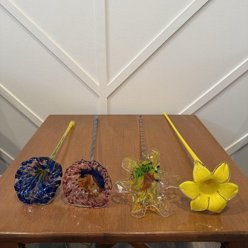 Hand Blown Art Glass Long Stem Flower Bouquet 15-19" Lot Of 4 Vtg Murano Style