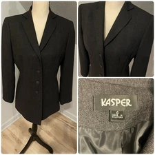 Kasper 100% Wool 4 Button Blazer Jacket Size 4 Charcoal Gray Classic Career
