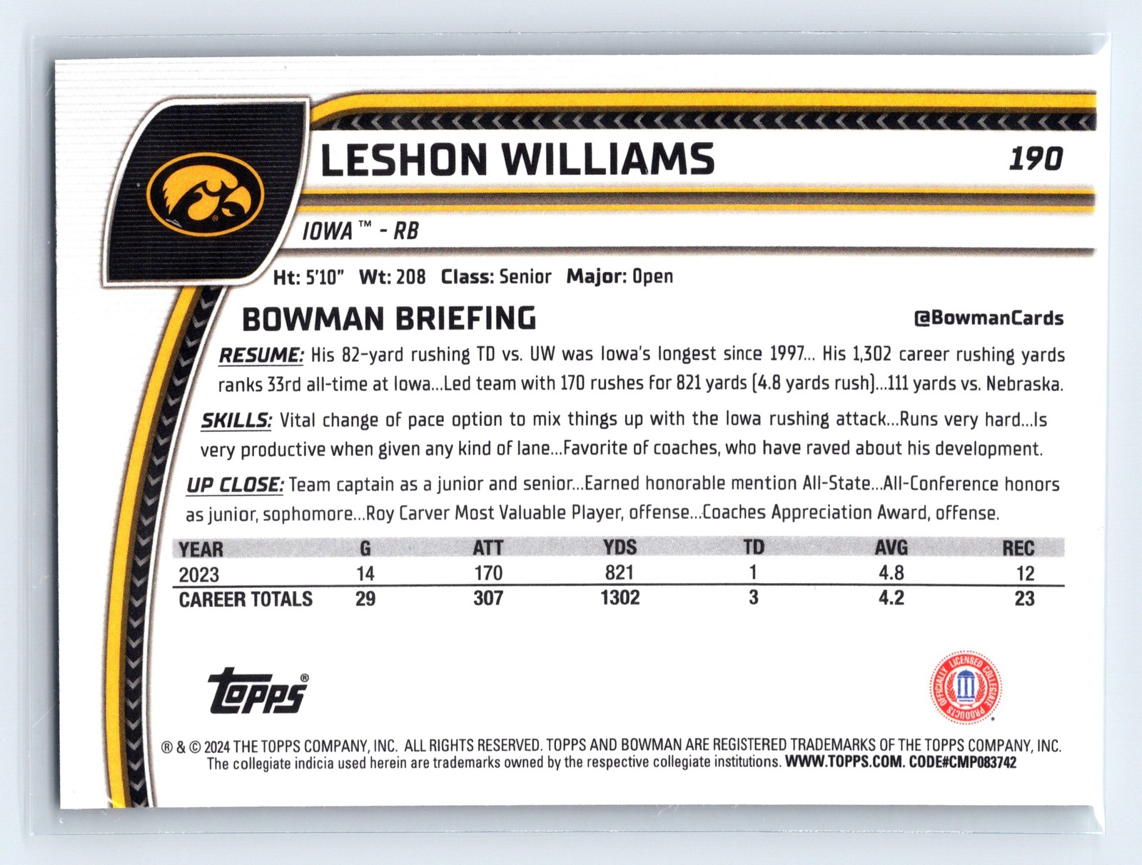 2024 Bowman University Chrome #190 Leshon Williams Teal Lava Refractor