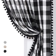White Black Buffalo Check Curtains 45inch Pom Pom Farmhouse Semi Sheer Plaid ...