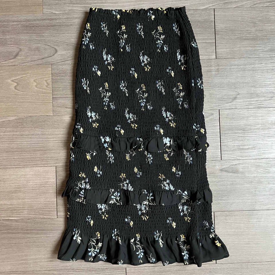 Abercrombie & Fitch Black Floral Smocked Midi Skirt Ruffle Pencil Skirt Size S - Image 2 of 4