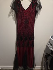 1920s Flapper Style Red Black Sequin Long Evening Dress Sz Small NWOT