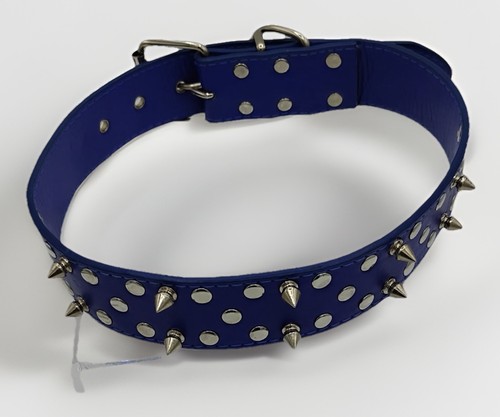 Large Dog Spiked Studded Sapphire Blue Faux Leather Dog Collar 27 in x 1.5 EUC