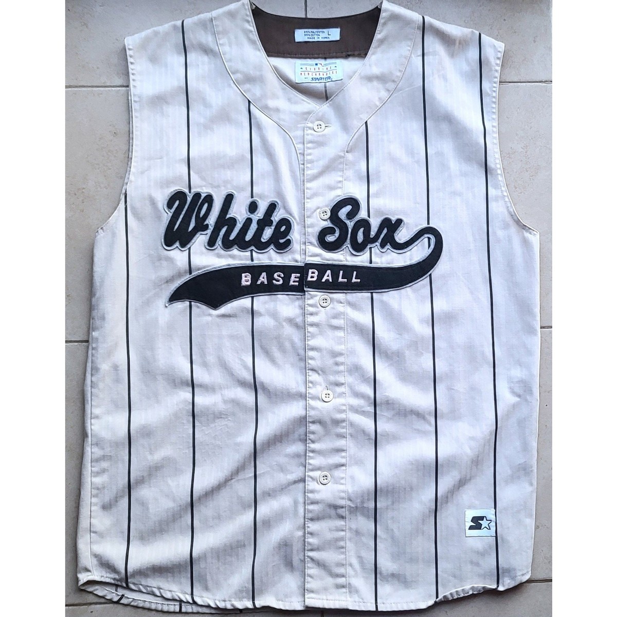 Chicago White Sox 90s STARTER Vest SCRIPT jersey L cream Pinstripe