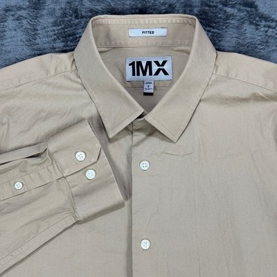 Express 1MX Button Down Shirt Mens Large Tan Fitted Long Sleeve Cotton Stretch