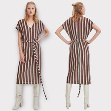 Zara Trafaluc Red Gray Striped Metallic Detail Tie Waist Knit Midi Dress