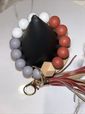 Silicone Beaded Wristlet Keychain Bracelet Tassel Key Ring Holder