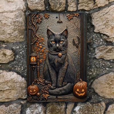 Black Cat Halloween Metal Sign - Fall Wall Decor Indoor Outdoor 8x12