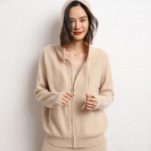 Damen Kaschmir Kapuze Langarm Strick Cardigan Pullover Reißverschluss Mantel Freizeit Locker - Bild 7 von 28