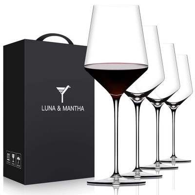 Red Wine Glasses Set 4   Crystal, Hand Blown, 15 oz, Thin Rim, Long Stem, Gift