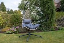 SH&G Hanging Swing Chair | Basket Chair, Stand & Cushion Set | Grey Rattan Steel