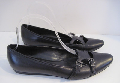 VIVIEN LEE Black Leather Front Buckle Designer Flats Size 38 1/2 Italy