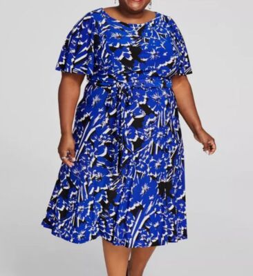 Kasper Women's Blue Florinda Flutter-Sleeve Pullover Belted Dress Plus Size 1X