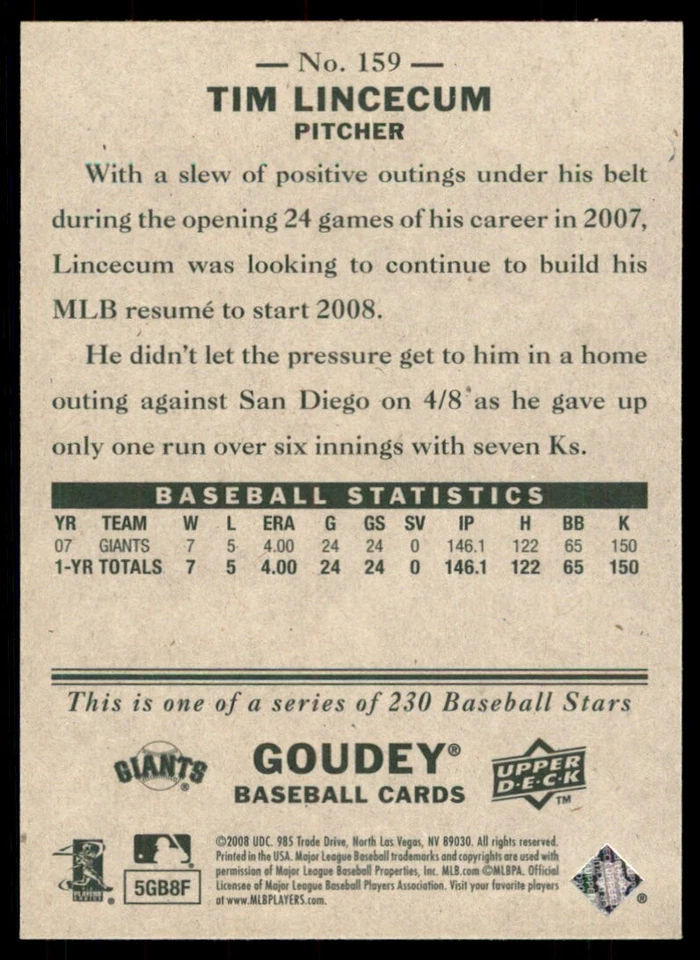 2008 Upper Deck Goudey Tim Lincecum Giants #159 *Noles2148* - Image 2 of 2