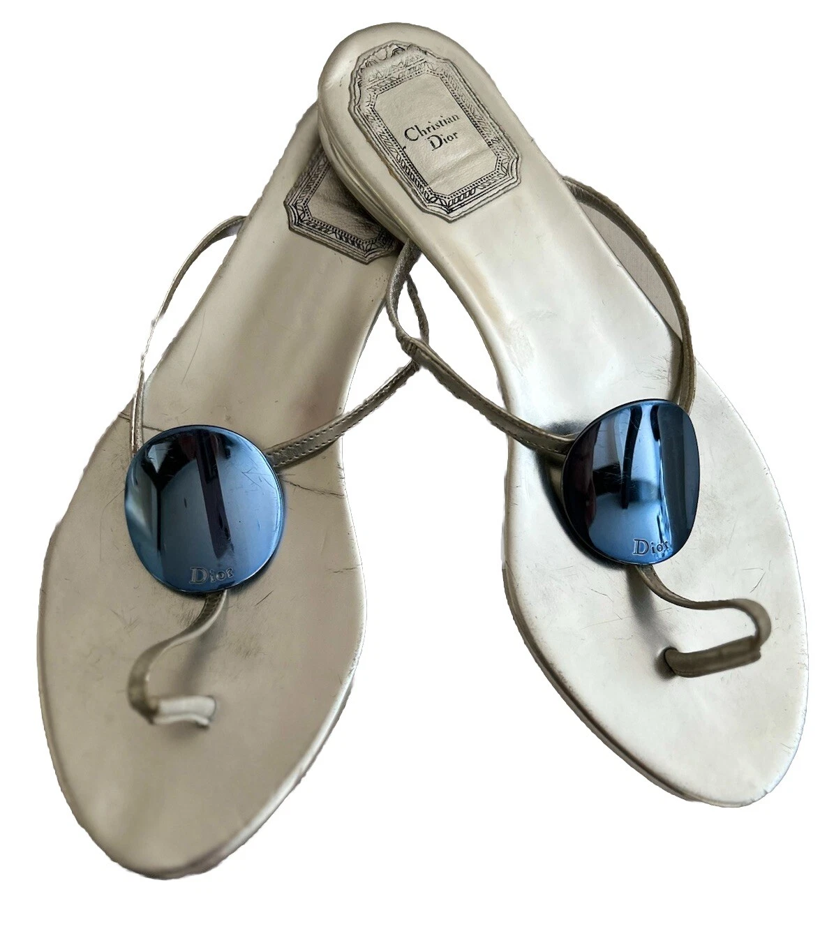 Sandales tongs strong argent et bleu string chaussures plates Christian Dior Eu 36 Royaume Uni 3