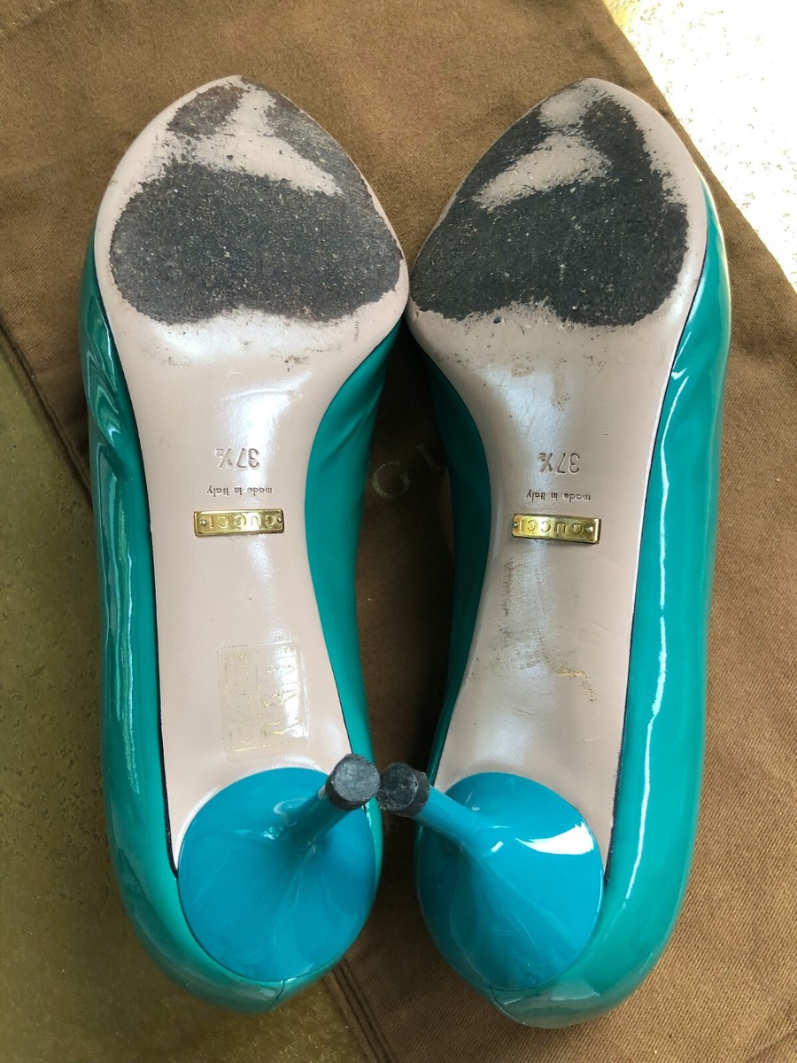 Used Gucci green teal patent leather pumps heels sz 37.5 B 7.5