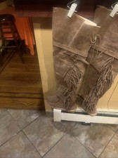 Women  s Brown Moccasin Suede Fringe knee high Boots