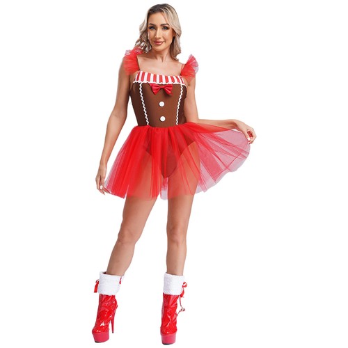 Sexy Women Gingerbread Cosplay Sleeveless Dress Christmas Xmas Party Cosplay - Picture 13 of 27