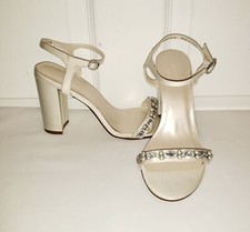 David's Bridal Elsa Ivory Satin Block Heel Sandals w/ Pearls Crystals Size 7.5 M