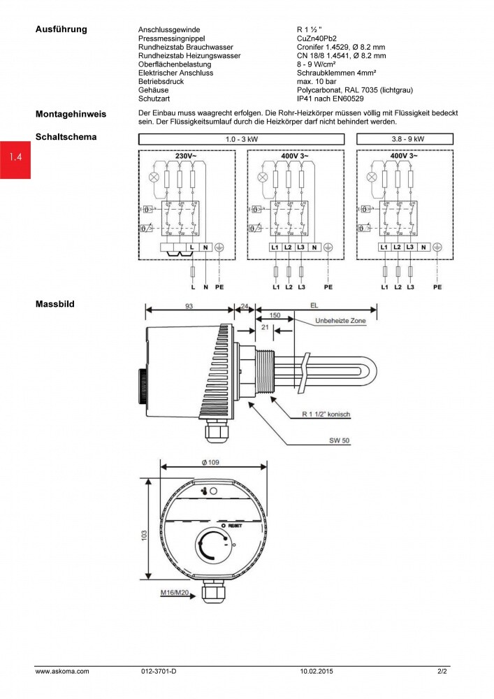 Elektro Heizstab Heizpatrone für Dauerbetrieb 1-9 kW 230 400 V Askoma AHIR-BI-