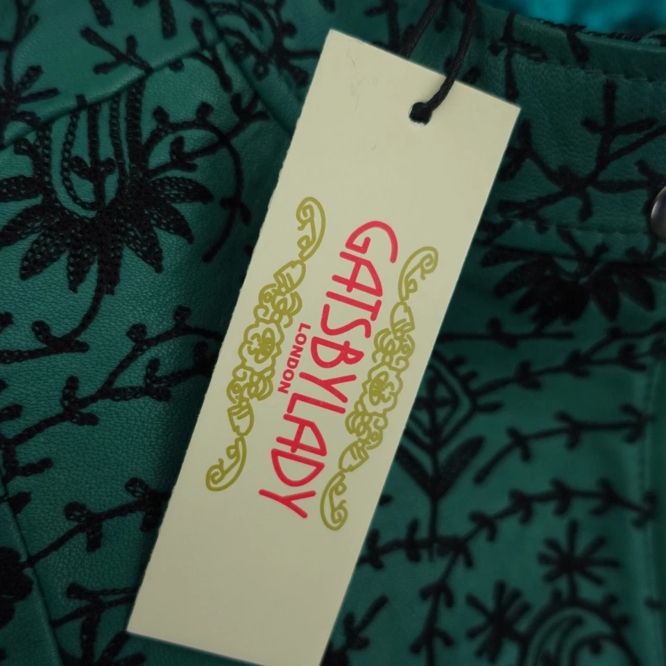 Новый с Ярлыками Gatsbylady London ягнят кожи Moto куртка США 6 зеленый вышитый цветочный - Изображение 2 из 4