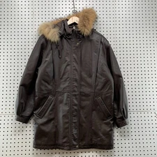 Vintage Field Gear Leather Coat Womens Medium Brown Racoon Fur Trim Soft
