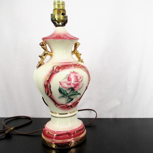 Vintage Regency Pink Gold Table Lamp Urn Rose Ornate Budoir Shabby Cottage Core - Picture 7 of 8