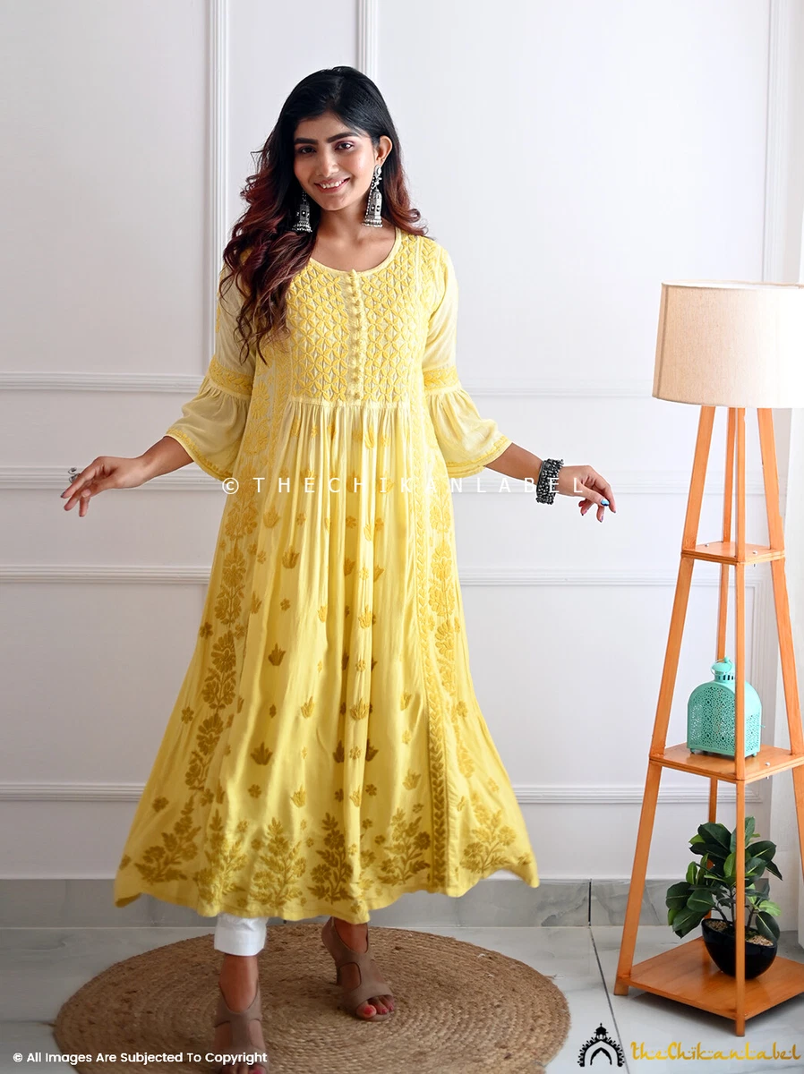 ThelucknowichikanJasmin Chikankari Yok Anarkali Kurti – The Lucknowi Chikan