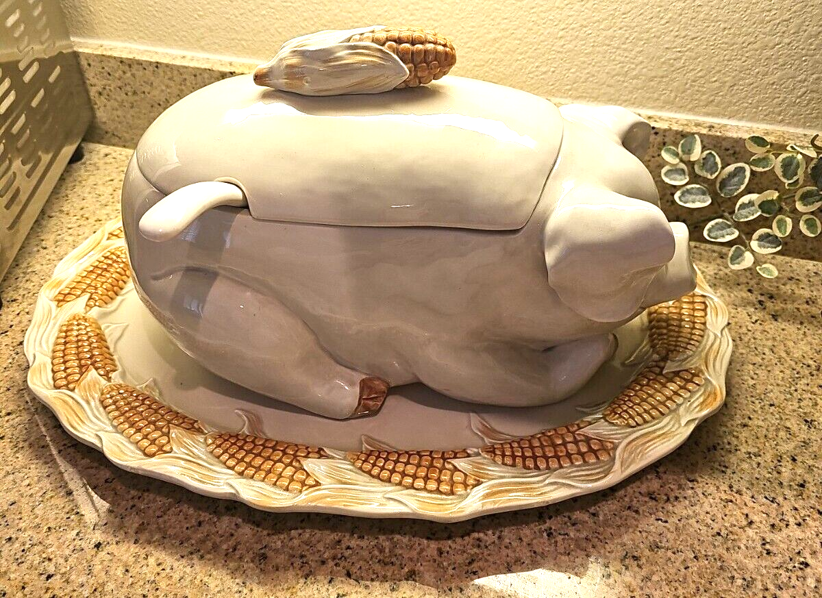 FITZ & FLOYD PIG CORN COB SOUP TUREEN, PLATTER & LADEL EUC | eBay