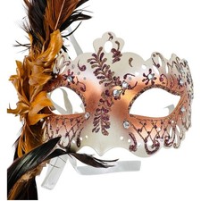 Hand Crafted Venetian Masquerade Mardi Gras Mask Brown Feathers Paper Mache