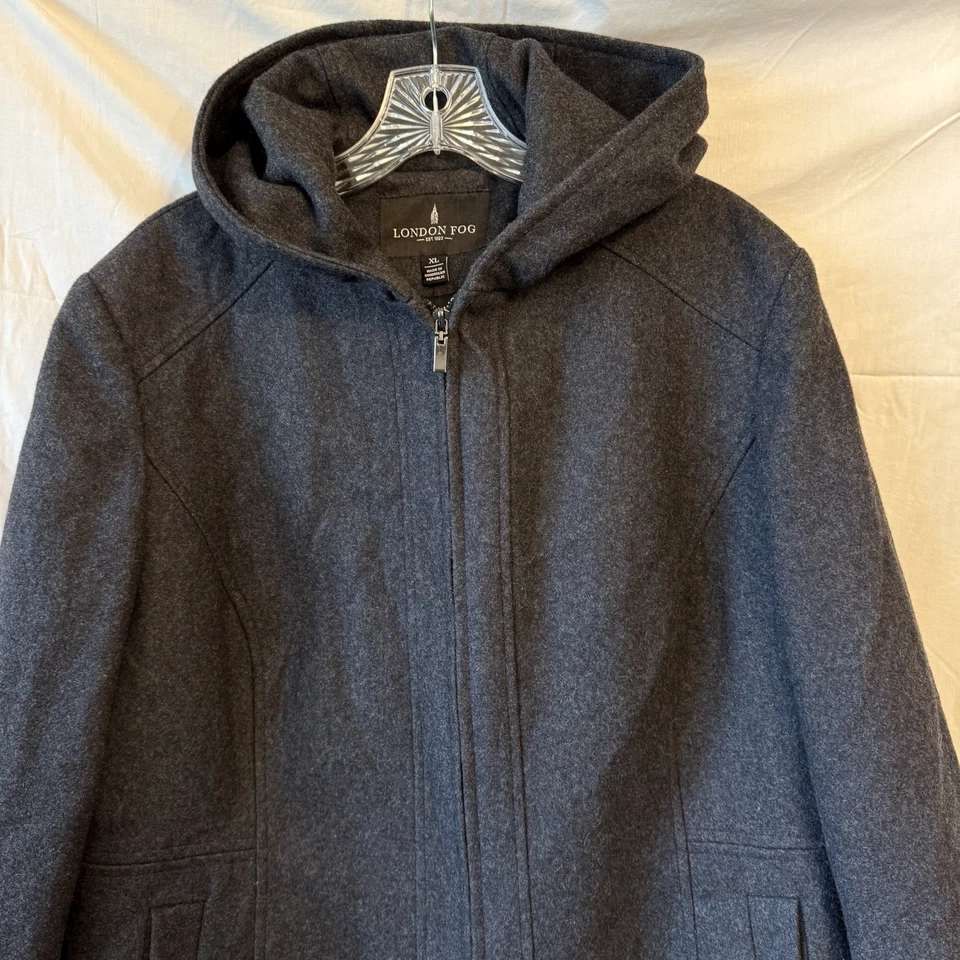 Abrigo Chaqueta de Invierno London Mezcla Lana Niebla Bolsillo con Capucha Cremallera Completa Gris Carbón XL Foto 2 de 4