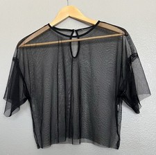 Y2K 90s Black Sheer Mesh Short Sleeve Crop Top Sz Small Grunge Witchy Whimsigoth
