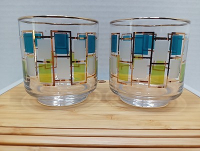 Lot 2 Vintage MCM Libbey Nordic Glasses Blue Green 22K Gold Trim 3'' Retro