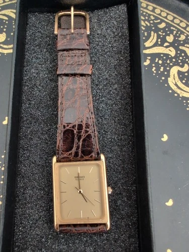 VTG Seiko Tank Men’s Watch Japan 9021-5000 T Brown Croc Leather Strap