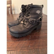 Harley Davidson D84424 Black Leather Motorcycle Boots Women 6M Harness Ankle Lug