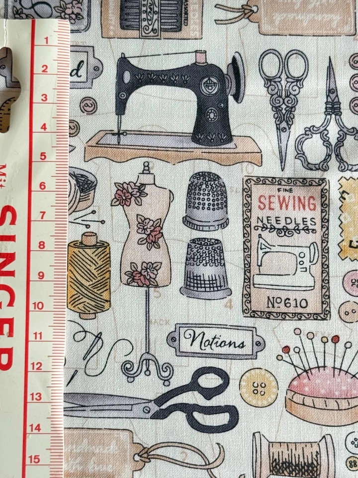 Makower Atelier Stoff Patchwork Baumwolle Nähmotive Nähmaschine Mint & Cremeweiß - Bild 2 von 4