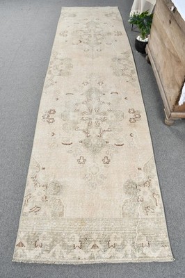 Vintage Turkish Rug, 2,9x11,4 ft Rug, White Brown Handmade Rug