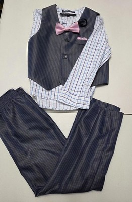 Andrew Fezza Boys Sz 6, 4 Piece Suit Set Navy Pinstripe Vest Pants Shirt Bow Tie