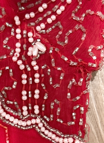 Laurence Kazar Dress Medium Red Beaded Silk Gown Long Sleeve Sheer Vintage READ - Picture 8 of 21
